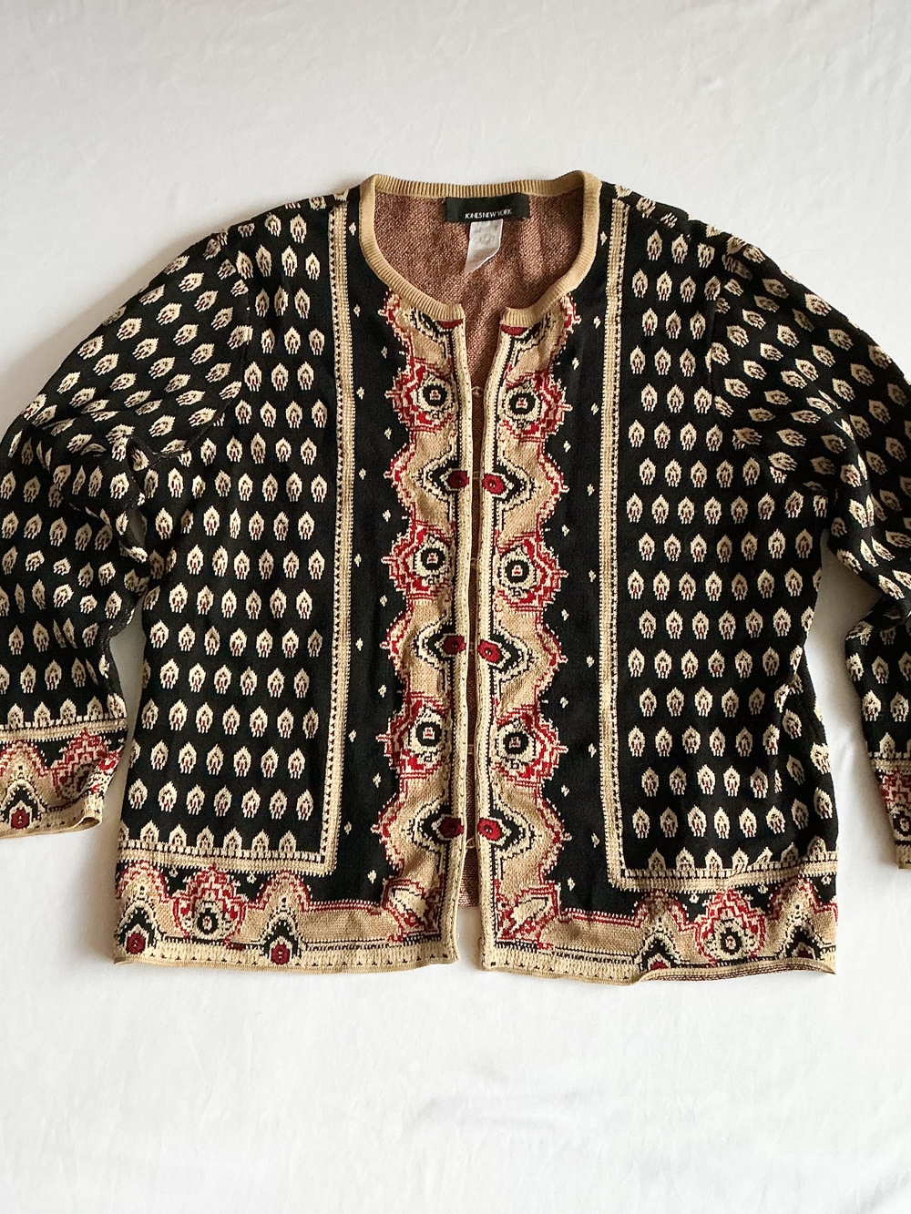 Jones New York Vintage Patterned Cardigan Bohemian Black Tan Red Women’s Size M